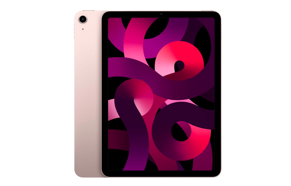 Front-facing Pink iPad Air 5th Gen with colorful dynamic wallpaper and landscape camera