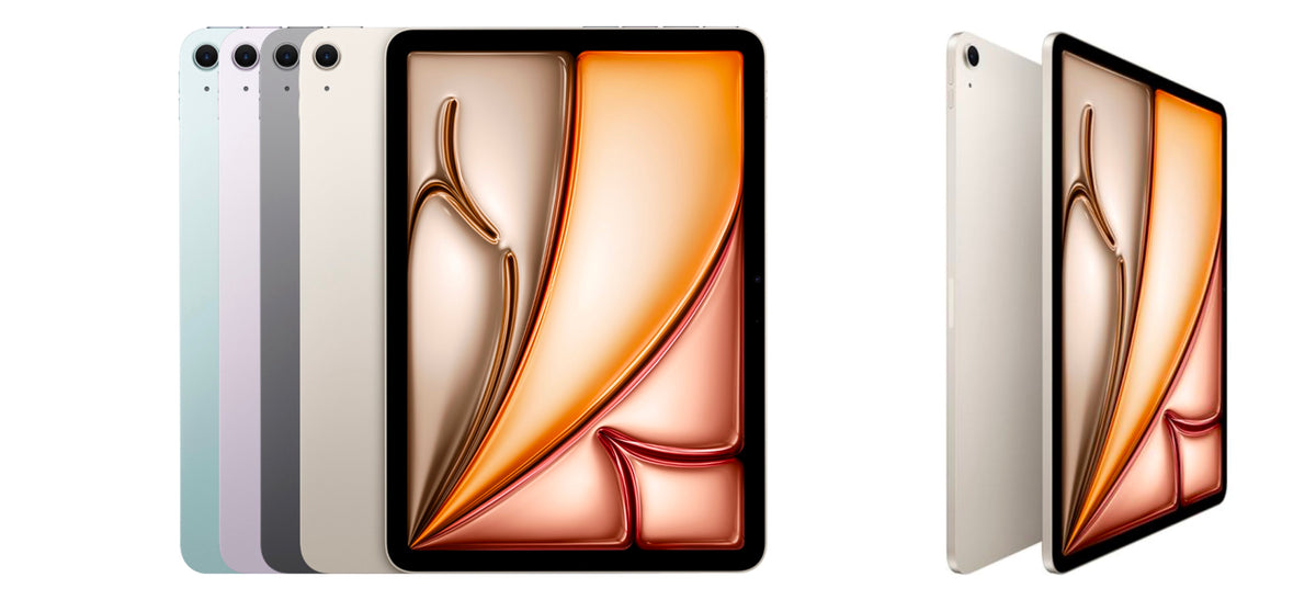 iPad Air 2024 shown in all five color options: Starlight, Space Gray, Blue, Purple, and Green with front and side views of Starlight model