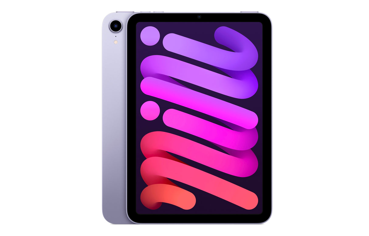 Angled view of the purple Apple iPad mini 6 highlighting its sleek design