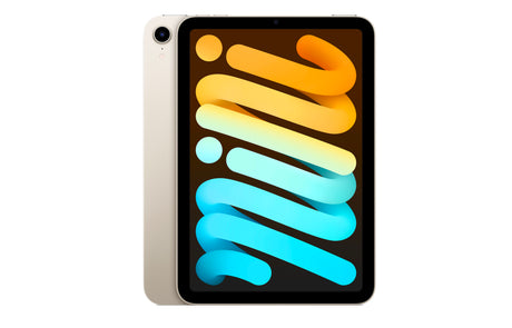 Front and side view of Apple iPad mini 6 in Starlight color with edge-to-edge Liquid Retina display