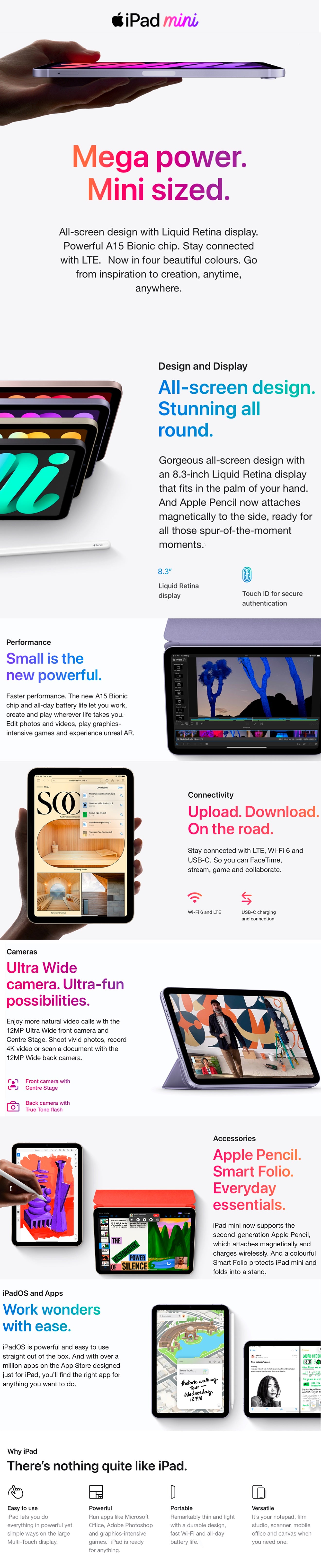 Infographic of Apple iPad mini 6th generation highlighting A15 Bionic chip, ultra-wide front camera, compact design, and Apple Pencil compatibility