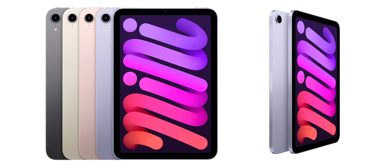 Apple iPad mini 6th generation showcasing all color variants including Space Gray, Pink, Purple, and Starlight from front and angled views