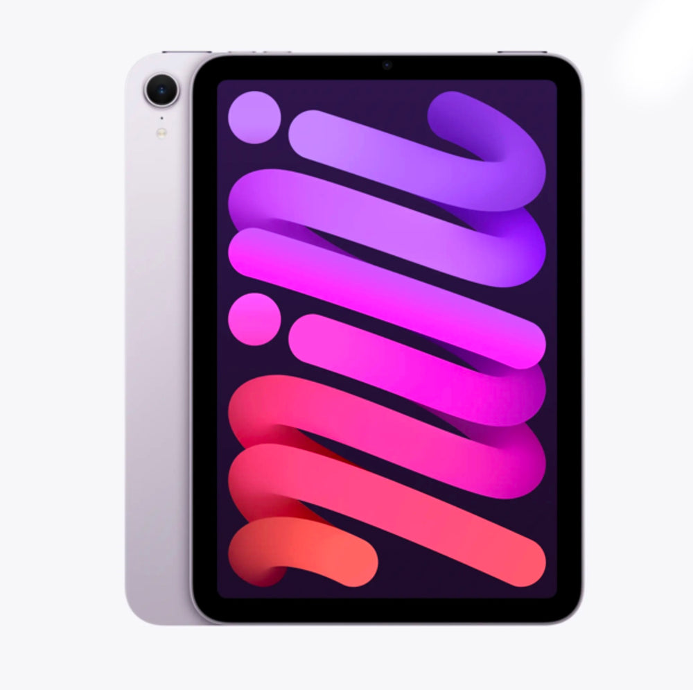 Purple Apple iPad mini from the front with True Tone display and landscape stereo speakers