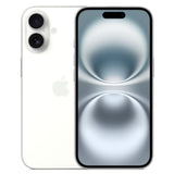 White Apple iPhone 16 showing both the front display and rear dual-camera design.