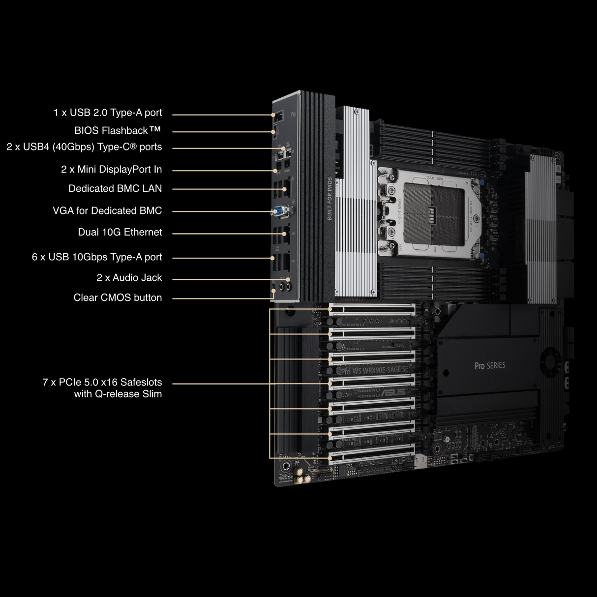 ASUS Pro WS WRX90E-SAGE SE AMD sTR5 EEB Workstation Motherboard 7 PCIe 5.0 x16 slots, multi-GPU support, robust 32+3+3+3 power-stage design, CPU and memory overclocking ready, 4 PCIe 5.0 M.2 slots, dual 10 Gb LAN, PCIe Q-Release Slim