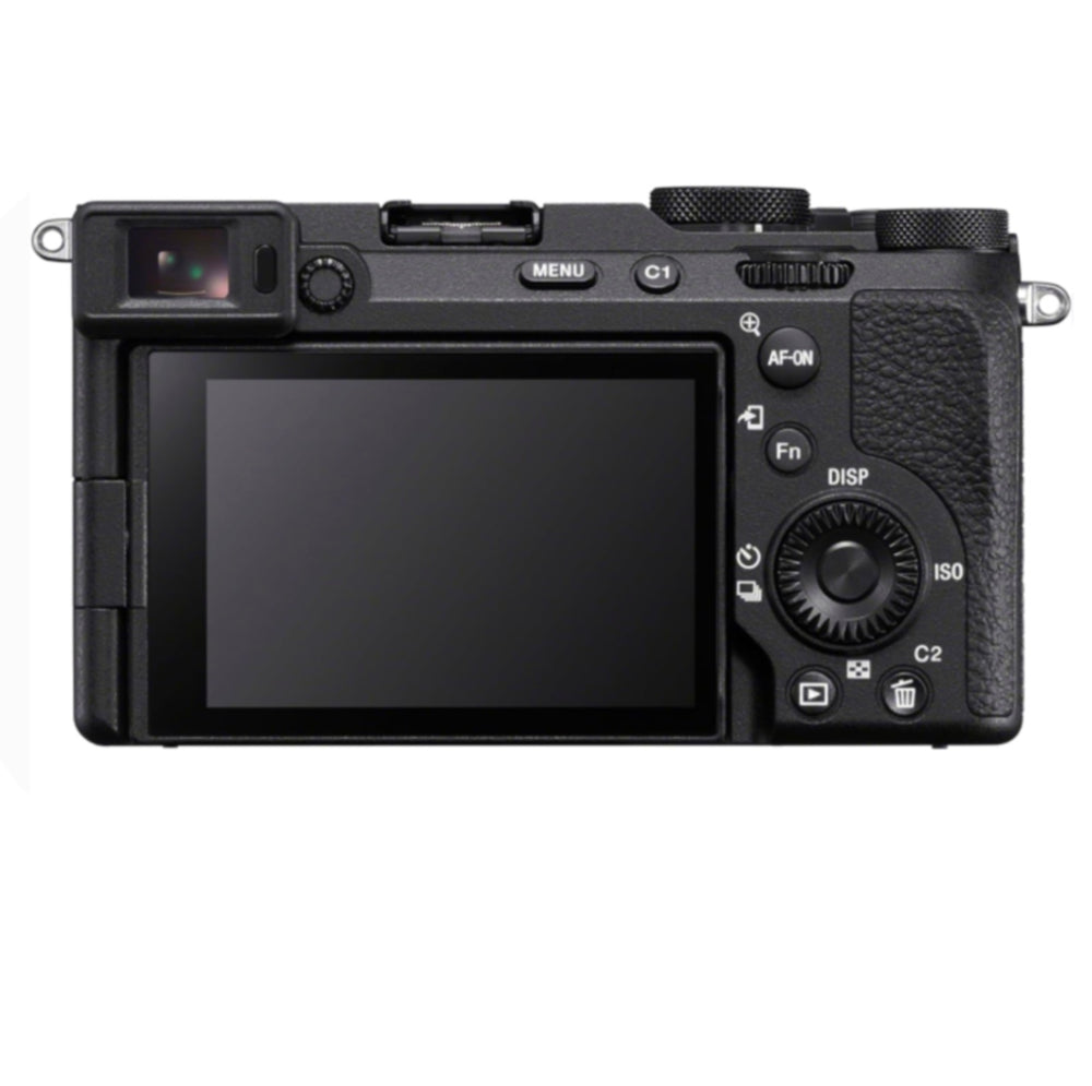 Close-up rear view of the Sony Alpha 7C II, showing its control dials, multi-function joystick, and ergonomic button placement.