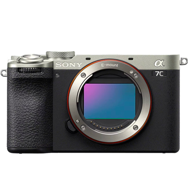 Front view of the Sony Alpha 7C II Mirrorless Digital Camera Body in silver, showcasing the full-frame sensor and compact design.
