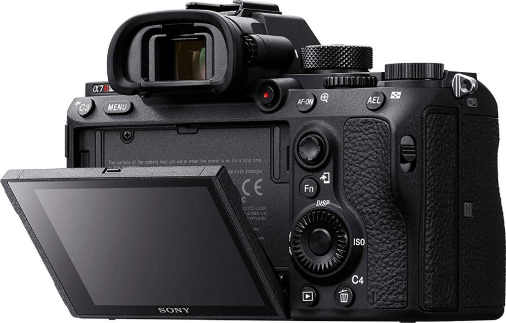 Sony Alpha 7R III with its rear LCD screen tilted outward, demonstrating its adjustable display for flexible shooting angles.