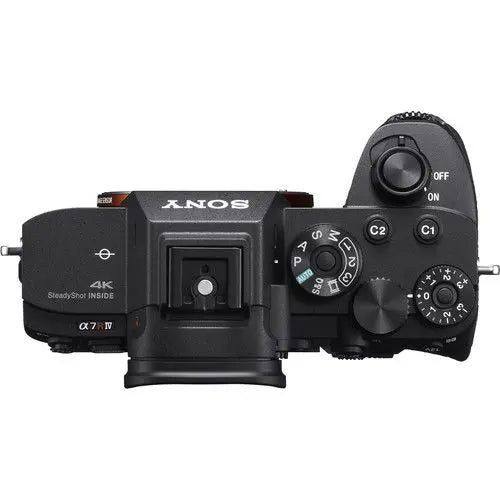 Top view of the Sony Alpha 7R IV, highlighting the mode dial, shutter button, and various control buttons.