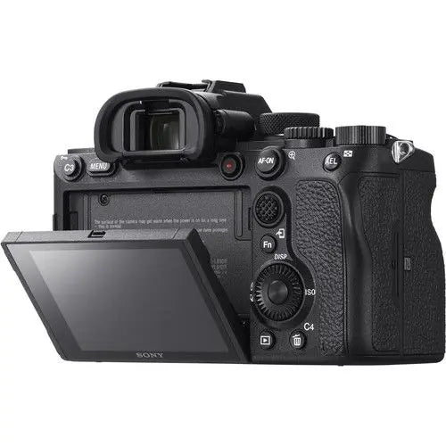 Sony Alpha 7R IV with its rear LCD screen fully tilted, demonstrating its vari-angle flexibility for vlogging and creative shots.