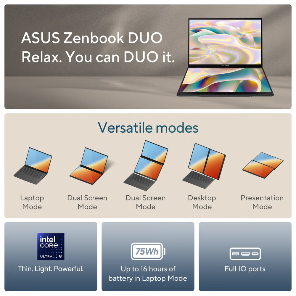 ASUS Zenbook DUO Laptop, Dual 14” OLED 3K 120Hz Touch Display, Intel Core Ultra 9 285H, Intel Arc Graphics, 32GB RAM, 1TB SSD, Windows 11, English Keyboard, Inkwell Gray
