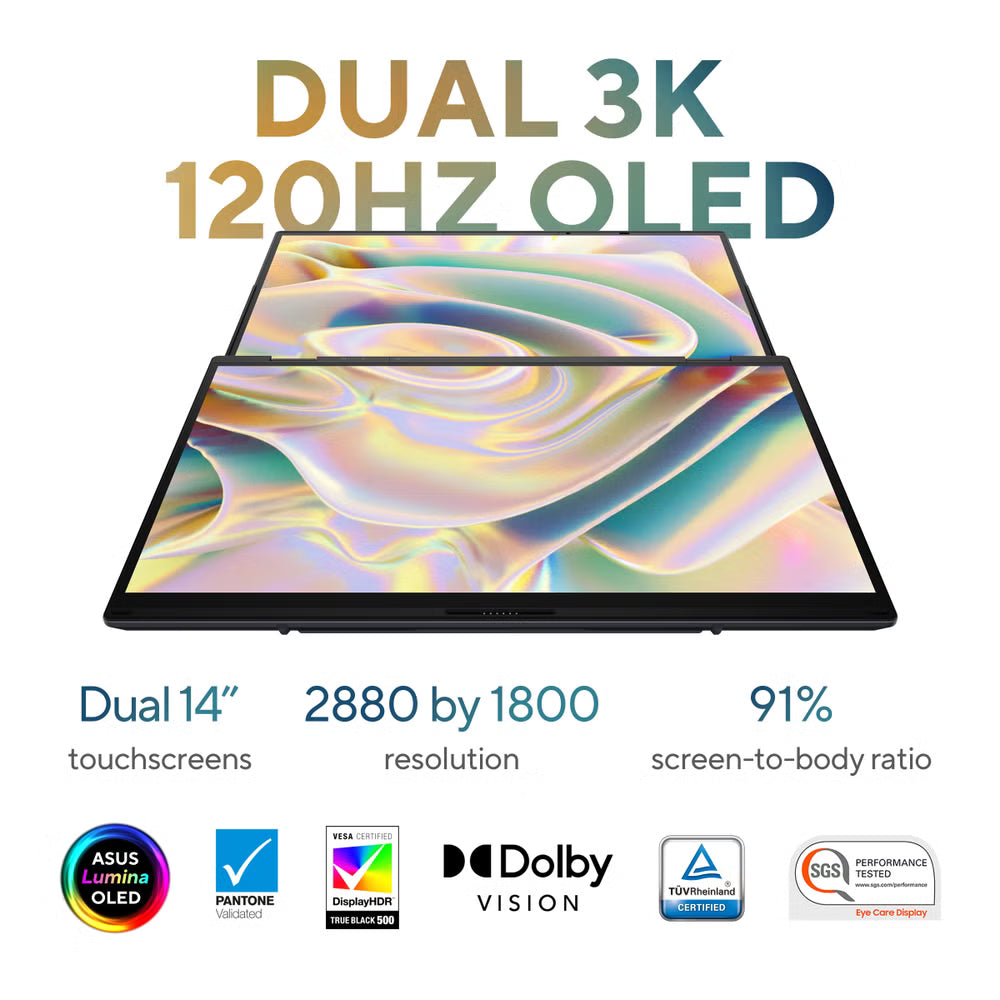 ASUS Zenbook DUO Laptop, Dual 14” OLED 3K 120Hz Touch Display, Intel Core Ultra 9 285H, Intel Arc Graphics, 32GB RAM, 1TB SSD, Windows 11, English Keyboard, Inkwell Gray