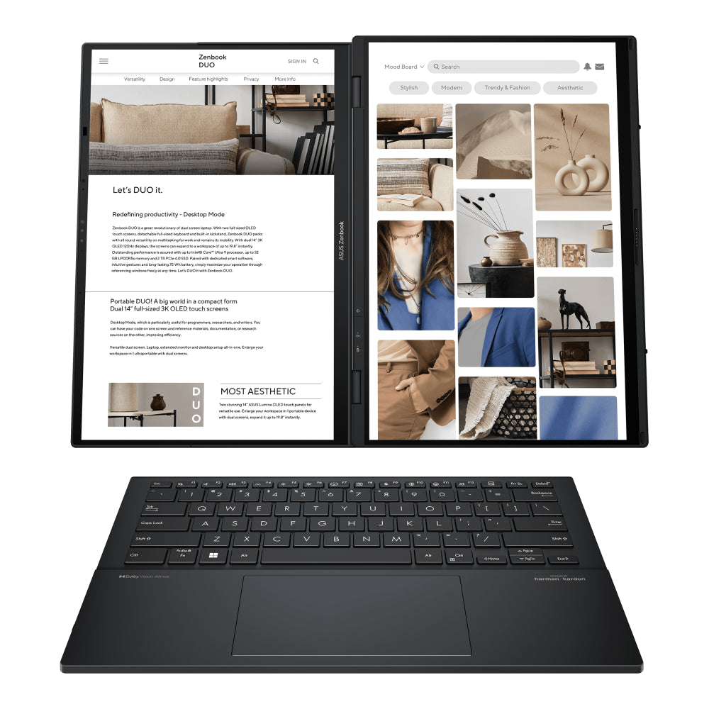 ASUS Zenbook DUO Laptop, Dual 14” OLED 3K 120Hz Touch Display, Intel Core Ultra 9 285H, Intel Arc Graphics, 32GB RAM, 1TB SSD, Windows 11, English Keyboard, Inkwell Gray