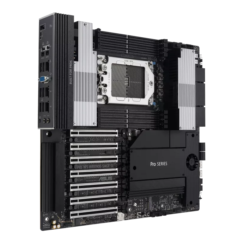 ASUS Pro WS WRX90E-SAGE SE AMD sTR5 EEB Workstation Motherboard 7 PCIe 5.0 x16 slots, multi-GPU support, robust 32+3+3+3 power-stage design, CPU and memory overclocking ready, 4 PCIe 5.0 M.2 slots, dual 10 Gb LAN, PCIe Q-Release Slim