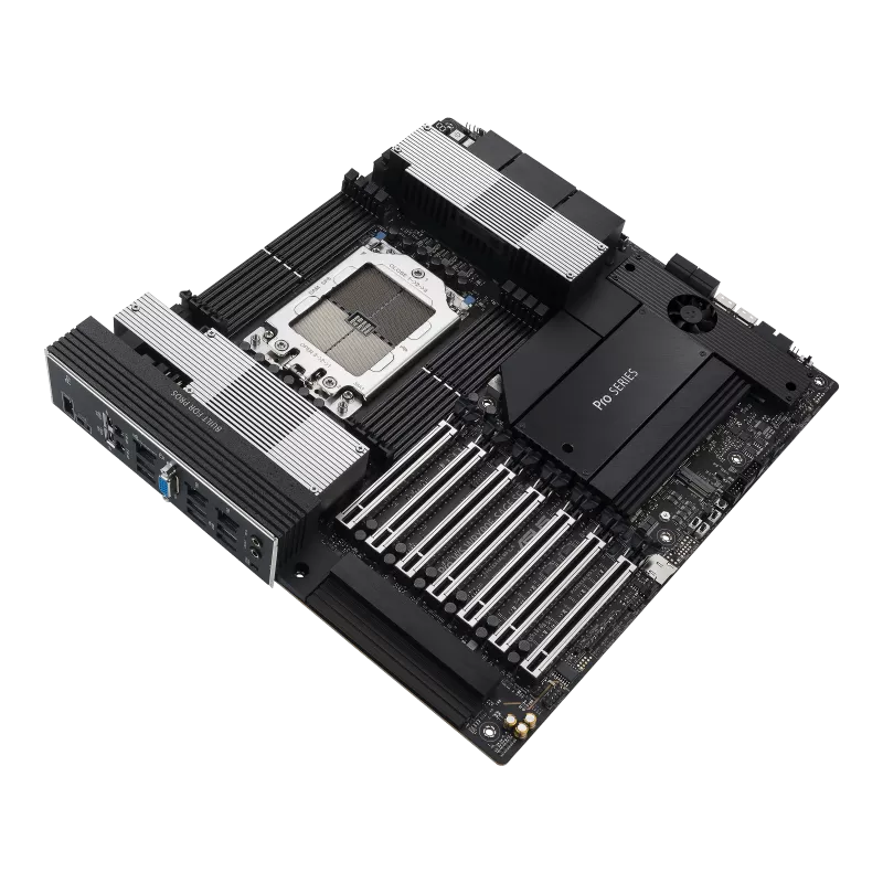 ASUS Pro WS WRX90E-SAGE SE AMD sTR5 EEB Workstation Motherboard 7 PCIe 5.0 x16 slots, multi-GPU support, robust 32+3+3+3 power-stage design, CPU and memory overclocking ready, 4 PCIe 5.0 M.2 slots, dual 10 Gb LAN, PCIe Q-Release Slim