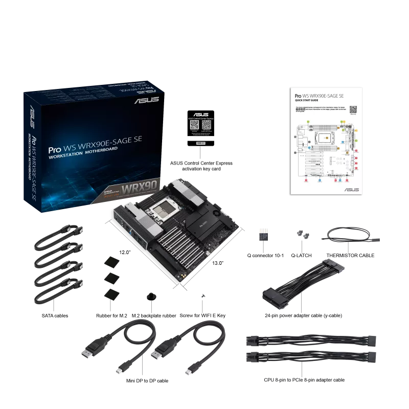ASUS Pro WS WRX90E-SAGE SE AMD sTR5 EEB Workstation Motherboard 7 PCIe 5.0 x16 slots, multi-GPU support, robust 32+3+3+3 power-stage design, CPU and memory overclocking ready, 4 PCIe 5.0 M.2 slots, dual 10 Gb LAN, PCIe Q-Release Slim