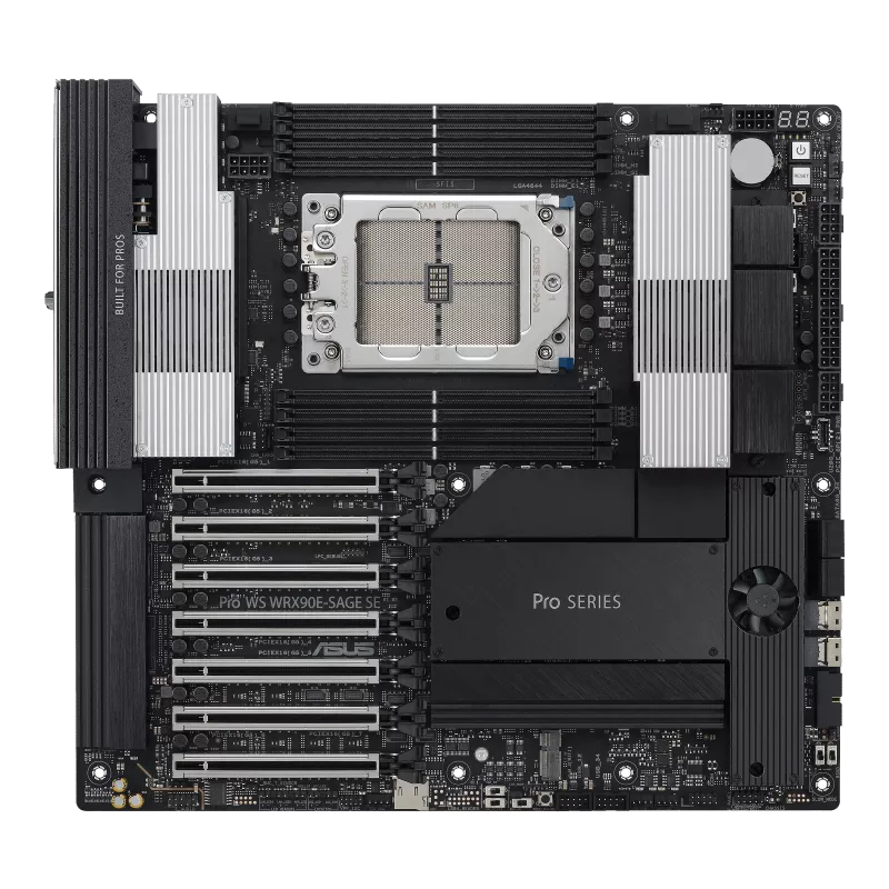 ASUS Pro WS WRX90E-SAGE SE AMD sTR5 EEB Workstation Motherboard 7 PCIe 5.0 x16 slots, multi-GPU support, robust 32+3+3+3 power-stage design, CPU and memory overclocking ready, 4 PCIe 5.0 M.2 slots, dual 10 Gb LAN, PCIe Q-Release Slim